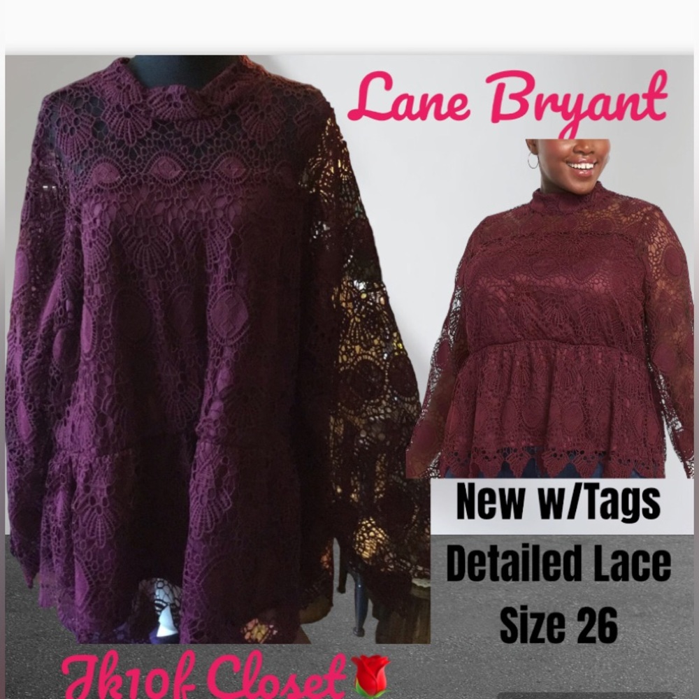 LOWEST🌺 NWT LANE BRYANT Sz26 BORDEAUX LACE OVERLAY DRESSY TOP